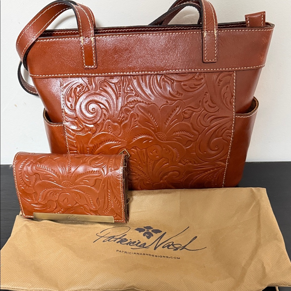 Patricia Nash Embossed Floral Leather Tote and Wallet in Cognac Brown